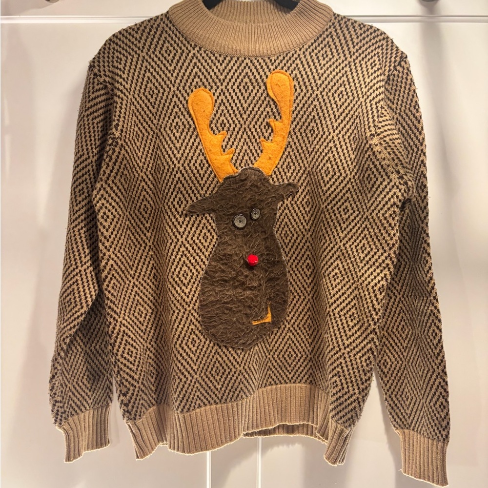 Christmas vintage Sears Ugly Sweater Rudolph Reindeer appliqué 80’s